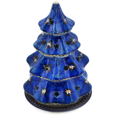 Polish Pottery Christmas Tree Candle Holder 8&quot; Cobalt Poppies UNIKAT