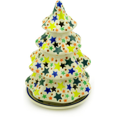 Polish Pottery Christmas Tree Candle Holder 8&quot; Confetti Stars