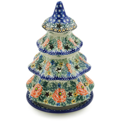 Polish Pottery Christmas Tree Candle Holder 8&quot; Dancing Pansies UNIKAT