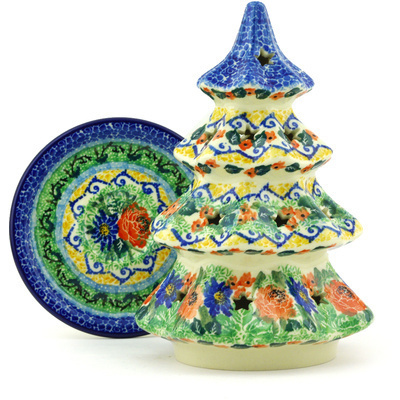 Polish Pottery Christmas Tree Candle Holder 8&quot; Divine Meadow UNIKAT