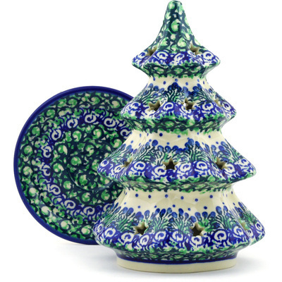 Polish Pottery Christmas Tree Candle Holder 8&quot; Emerald Garden UNIKAT