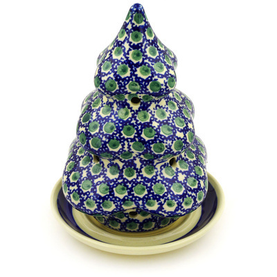 Polish Pottery Christmas Tree Candle Holder 8&quot; Emerald Peacock Eyes