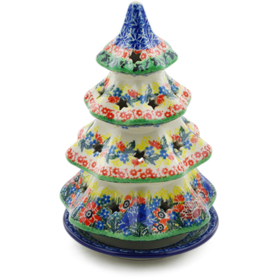 Polish Pottery Christmas Tree Candle Holder 8&quot; Flowers Jubilee UNIKAT