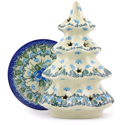 Polish Pottery Christmas Tree Candle Holder 8&quot; Forget Me Not UNIKAT