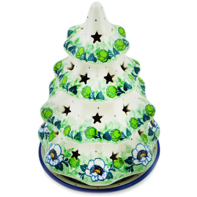 Polish Pottery Christmas Tree Candle Holder 8&quot; Green Flora