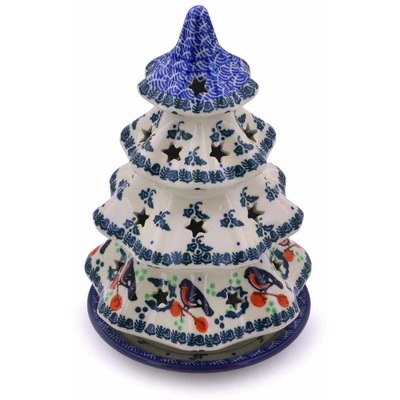 Polish Pottery Christmas Tree Candle Holder 8&quot; Holly Robin