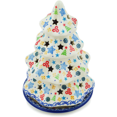 Polish Pottery Christmas Tree Candle Holder 8&quot; Joyful Cheer UNIKAT