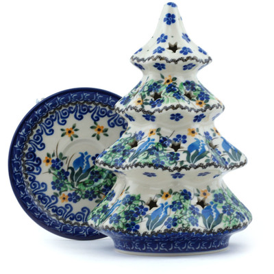 Polish Pottery Christmas Tree Candle Holder 8&quot; Midnight Rose Bud UNIKAT