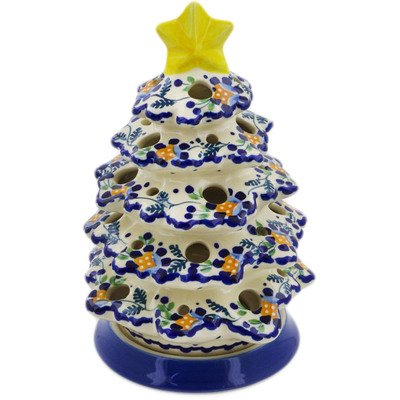 Polish Pottery Christmas Tree Candle Holder 8&quot; Orange And Blue Flower