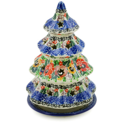 Polish Pottery Christmas Tree Candle Holder 8&quot; Pansy Garden UNIKAT