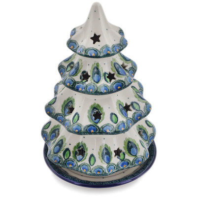 Polish Pottery Christmas Tree Candle Holder 8&quot; Peacock Feather