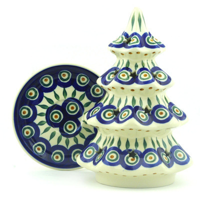 Polish Pottery Christmas Tree Candle Holder 8&quot; Peacock Leaves