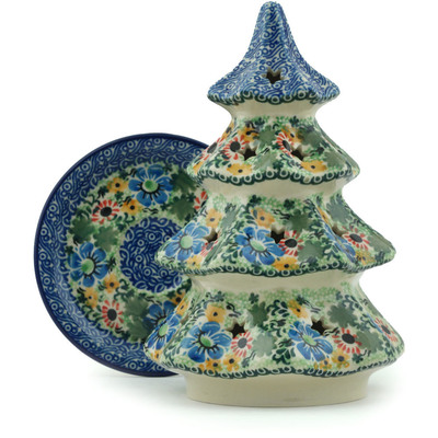 Polish Pottery Christmas Tree Candle Holder 8&quot; Peaking Dahlia UNIKAT