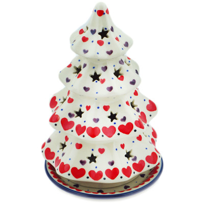 Polish Pottery Christmas Tree Candle Holder 8&quot; Red Hearts Delight