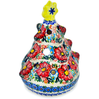 Polish Pottery Christmas Tree Candle Holder 8&quot; Red Hibiscus UNIKAT