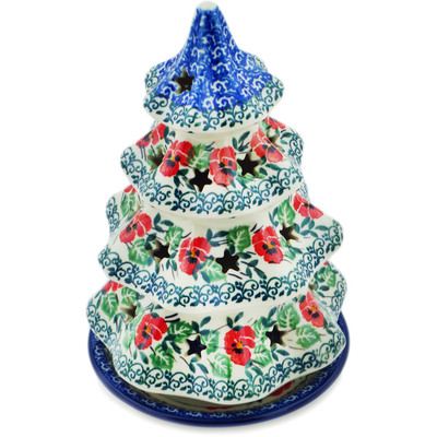 Polish Pottery Christmas Tree Candle Holder 8&quot; Red Pansy