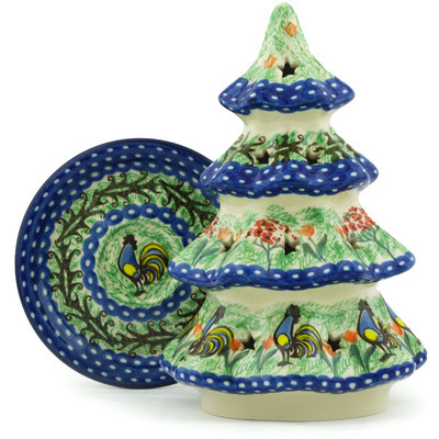 Polish Pottery Christmas Tree Candle Holder 8&quot; Rooster Dance UNIKAT