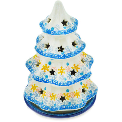 Polish Pottery Christmas Tree Candle Holder 8&quot; Snow Bliss