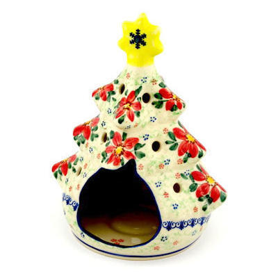 Polish Pottery Christmas Tree Candle Holder 8&quot; Snow Coral Zinnias UNIKAT