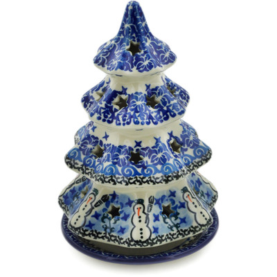 Polish Pottery Christmas Tree Candle Holder 8&quot; Snowmen Circle UNIKAT