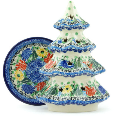 Polish Pottery Christmas Tree Candle Holder 8&quot; Splendid Blue Bell UNIKAT