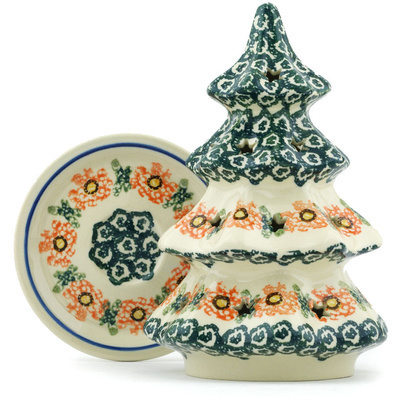 Polish Pottery Christmas Tree Candle Holder 8&quot; Sponge Garland
