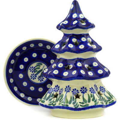 Polish Pottery Christmas Tree Candle Holder 8&quot; Springing Calendulas
