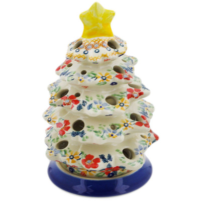 Polish Pottery Christmas Tree Candle Holder 8&quot; Summer Bouquet UNIKAT