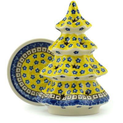 Polish Pottery Christmas Tree Candle Holder 8&quot; Sunburst Daisies