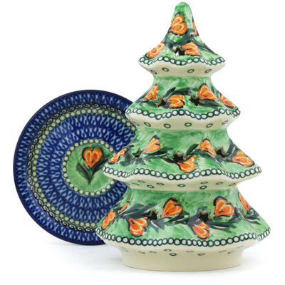 Polish Pottery Christmas Tree Candle Holder 8&quot; Tulip Wreath UNIKAT