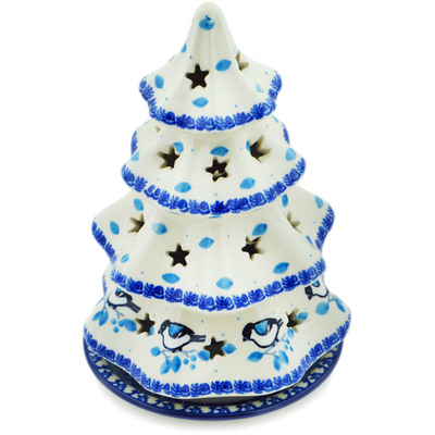 Polish Pottery Christmas Tree Candle Holder 8&quot; Winter Sparrow