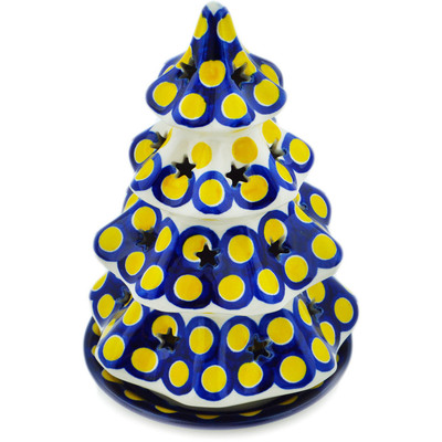 Polish Pottery Christmas Tree Candle Holder 8&quot; Yellow Dots