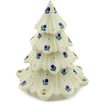 Polish Pottery Christmas Tree Figurine 8&quot; Blue Buds