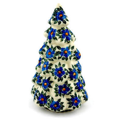 Polish Pottery Christmas Tree Figurine 8&quot; Blue Daisy Dream UNIKAT