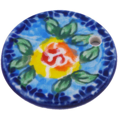 Polish Pottery Circle Pendant 1&quot; Matisse Flowers Golden UNIKAT