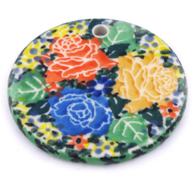 Polish Pottery Circle Pendant 2&quot; Rose Bouquet UNIKAT