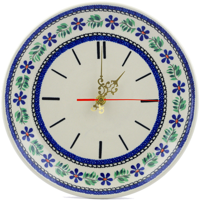 Polish Pottery Clock 10&quot; Blue Daisy Swirls