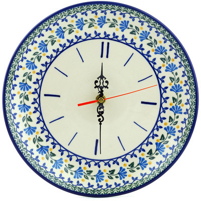 Polish Pottery Clock 10&quot; Blue Fan Flowers