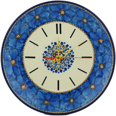 Polish Pottery Clock 10&quot; Blue Poppies UNIKAT