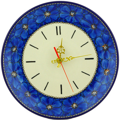 Polish Pottery Clock 10&quot; Cobalt Poppies UNIKAT