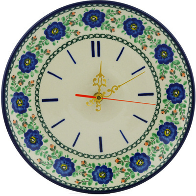 Polish Pottery Clock 10&quot; Cobalt Poppies UNIKAT