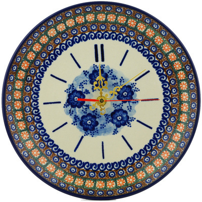 Polish Pottery Clock 10&quot; Dancing Blue Poppies UNIKAT