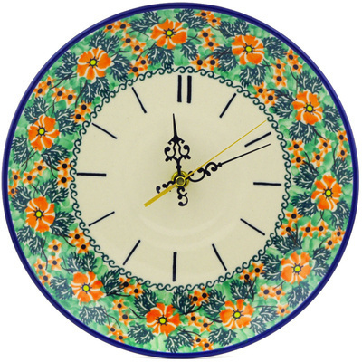 Polish Pottery Clock 10&quot; Red Impatiens Circle UNIKAT