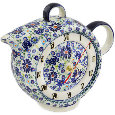 Polish Pottery Clock 12&quot; Blue Summer Garden