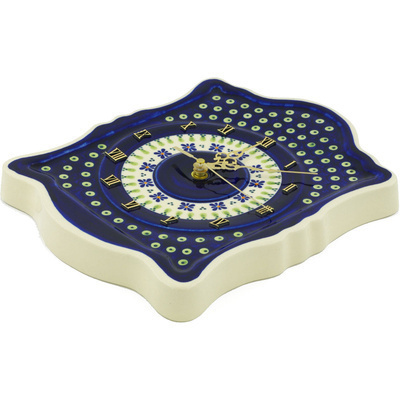 Polish Pottery Clock 12&quot; Green Gingham Peacock