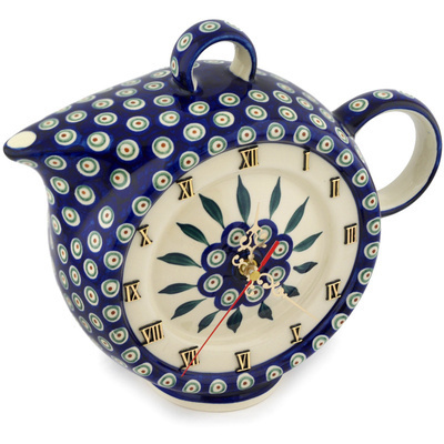 Polish Pottery Clock 12&quot; Peacock Leaves