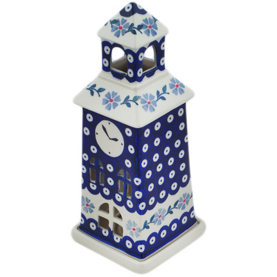 Polish Pottery Clock Tower Candle Holder 11&quot; Peacock Forget-me-not