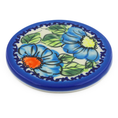 Polish Pottery Coaster 3&quot; Bold Blue Poppies UNIKAT