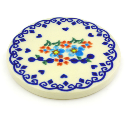 Polish Pottery Coaster 3&quot; Hearts And Flowers