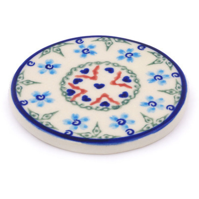 Polish Pottery Coaster 3&quot; Little Blue Flowers